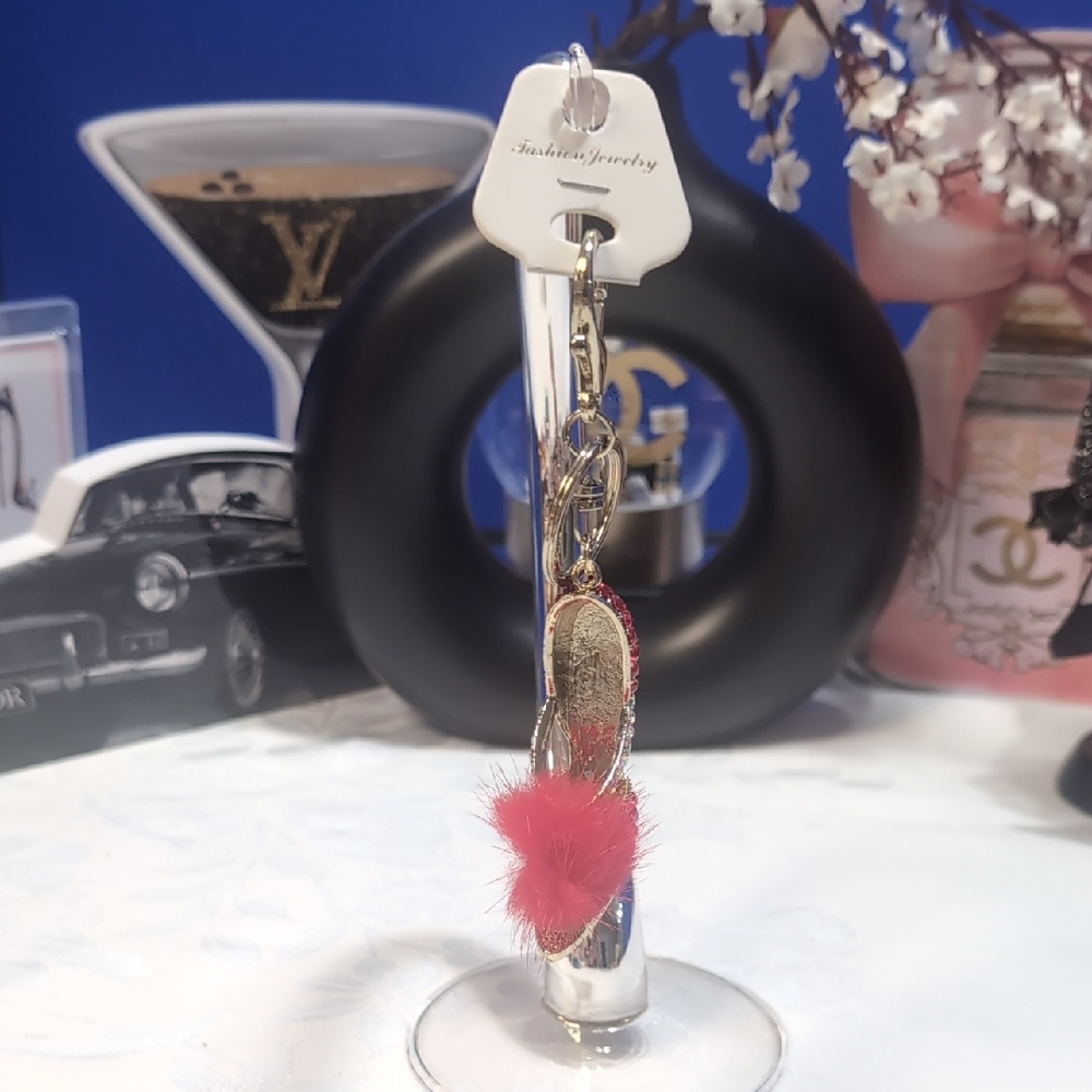Bag Charm/ Key Ring - Sparkly Red High Heel With Red And White Crystals